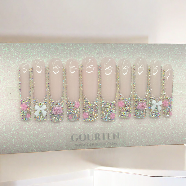 Y111 Rainbow Diamond French Tip GOURTEN 2XL Long Square 55mm Length Handmade 10 Pieces Press On Nails