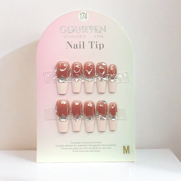 Y174 Pink Smoothy Jam French Tip With Diamond GOURTEN Medium Coffin 30mm Length Handmade 10 Pieces Press On Nails