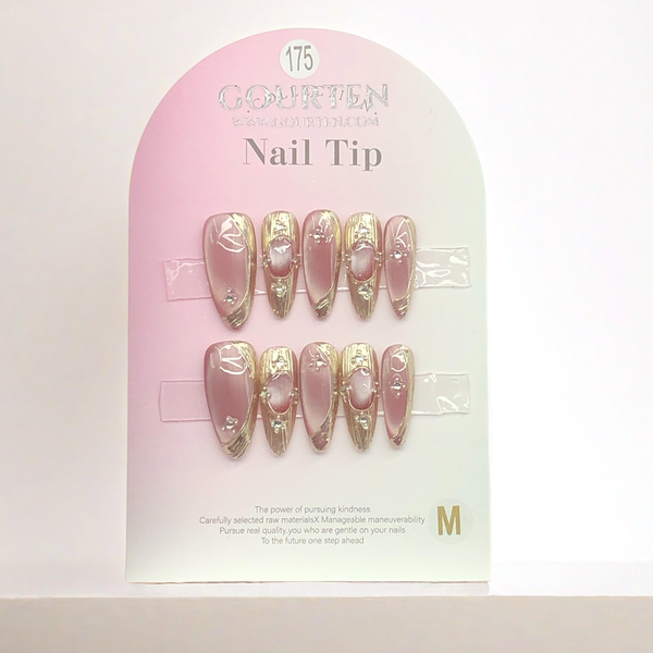 Y175 Rose Pink Cat Eye In Gold GOURTEN Medium Almond 30mm Length Handmade 10 Pieces Press On Nails