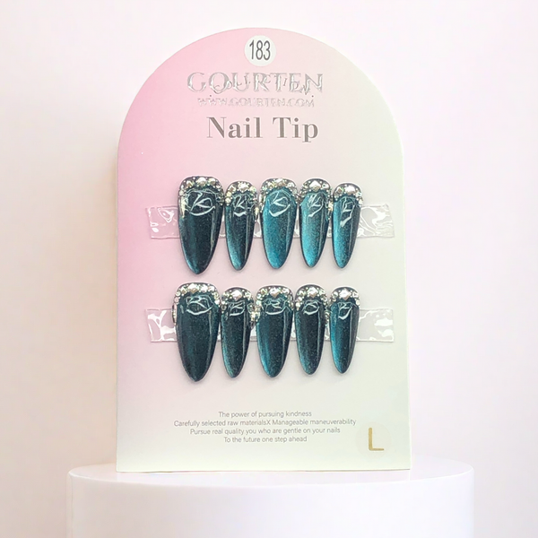 Y183 Nile Blue Classic Cat Eye GOURTEN Medium Almond 30mm Length Handmade 10 Pieces Press On Nails