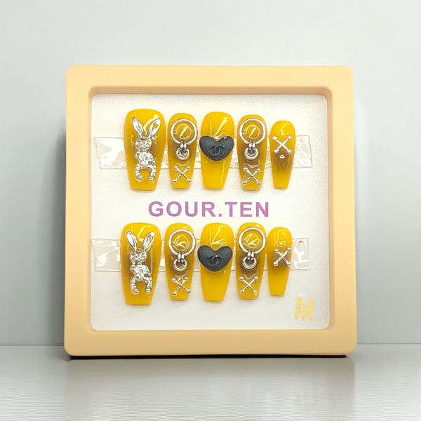 Y186 Yellow Bunny Y2K GOURTEN Short Coffin 18mm Length Handmade 10 Pieces Press On Nails