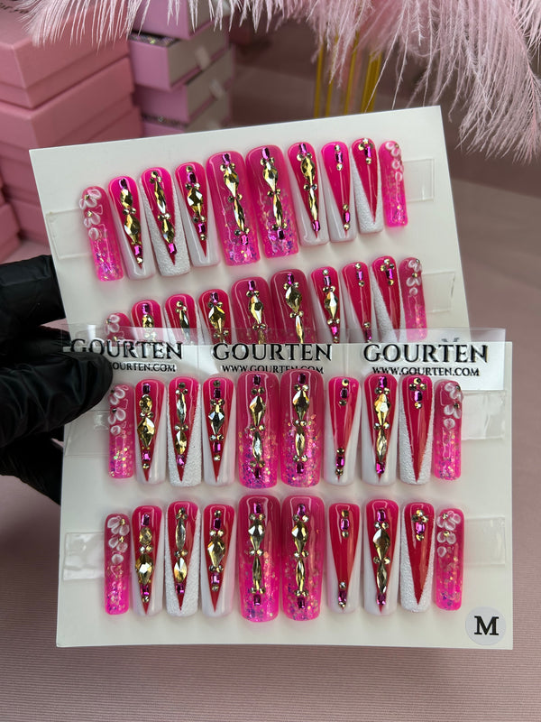Neon Hot Pink French Tip Medium Length 40mm Square Handmade Press On Nail 10 Pieces