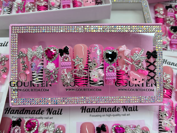 Y2K Kitty Junk Nail Medium Length 40mm Square Handmade Nail 10 Pieces