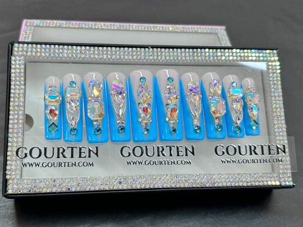 Blue Diamond French Tip Medium Length 40mm Sqaure Handmade Press On Nail 10 Pieces