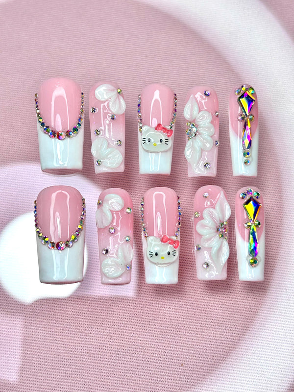 Cute Kitty Short Length 30mm Square Handmade Nail 10 Pieces